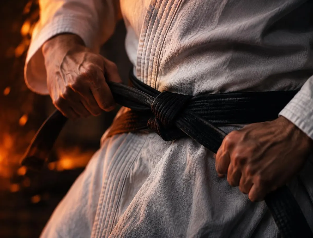 Mãos a apertar uma faixa preta à cintura sobre um kimono branco.
